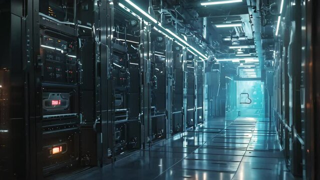A long hallway filled with a multitude of servers extending into the distance, Space-age design of a NAS storage system