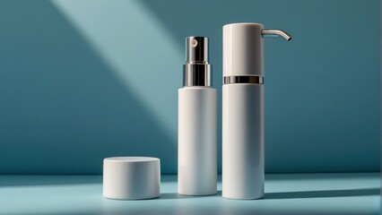 Skincare dispenser bottle with shadows on a pastel blue surface
