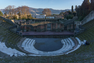 View of the ruin of Teatro Grande during golden hour at evening, Pompeii, Campania, Italy