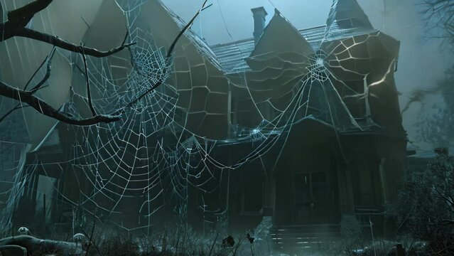 A photo of a dilapidated, eerie house with a spider web prominently featured in the foreground, Spiders weaving intricate webs around a haunted house