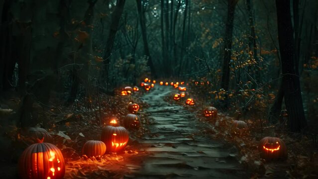 A path in the woods is lined with intricately carved pumpkins, creating a festive and spooky atmosphere, Spooky forest pathway lined with carved pumpkins