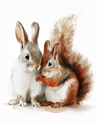 Fototapeta premium baby bunny sitting next to a cute squirrel character watercolor style white background