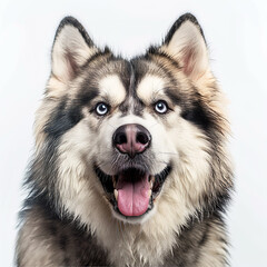 close up of husky head facing the camera on white background