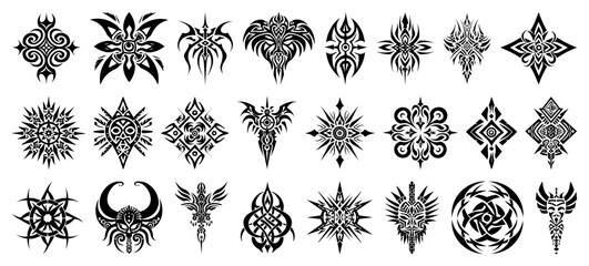 Set of tribal gothic tattoo, retro futuristic y2k cyber symmetry shapes vector mask ethnic ornament. Metal music cover print, alien surreal illustration, sword, star grunge clipart. Neo tribal symbol 