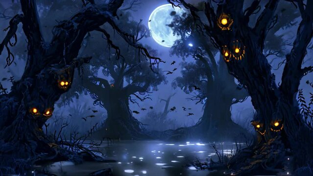 This photo depicts a painted scene of a swamp at night, featuring pumpkins as prominent subjects, Spooky moonlit swamp with gnarled trees and glowing eyes