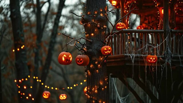 A tree house adorned with pumpkins and illuminated by lights hanging from its branches, Spooky treehouse with jack-o-lanterns hanging from the branches