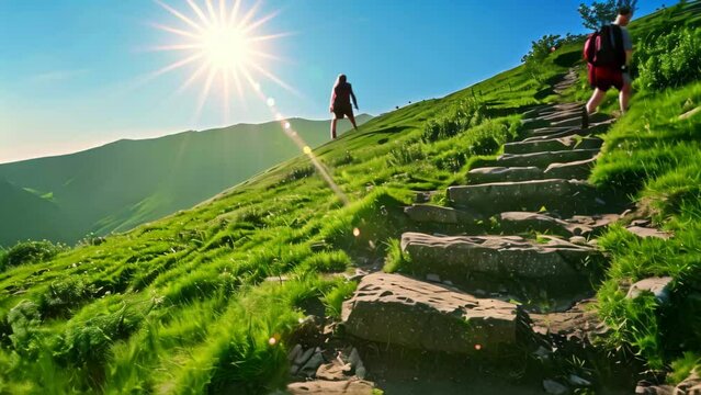A diverse group of individuals hiking up a green grassy hillside with a clear path, Stone steps leading excited trekkers up a green hill towards the brilliant sun