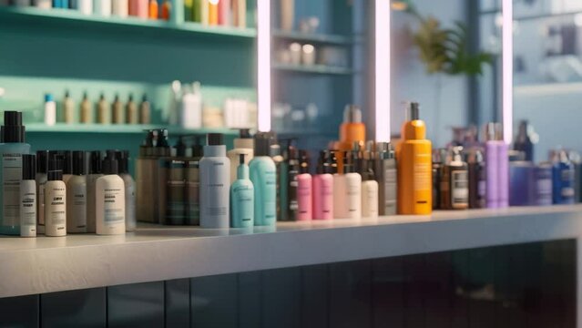 A counter filled with an assortment of hair products, offering a wide range of options, A digital rendering of Varied hair styling products on a salon counter