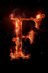 Fire font alphabet F made of burning fire letter on black background