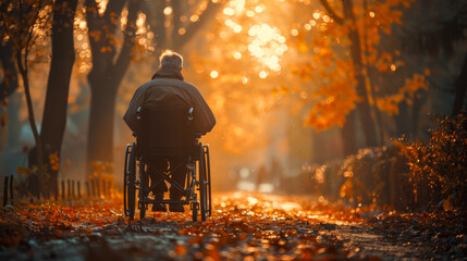A disabled man in a wheelchair in nature