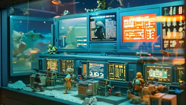 A display case filled with a wide array of toys, showcasing a vibrant collection that captures the essence of childhood happiness, A diorama exhibiting the history of cybersecurity
