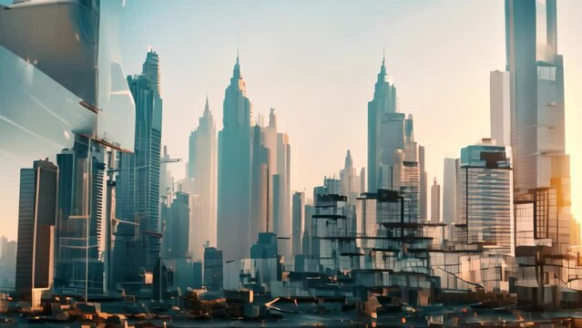 A bustling city with tall architectural marvels proudly standing near the calm waters, A double exposure view of future buildings&acirc;&euro;&trade; 3D model and actual construction site