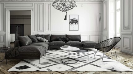 Minimalist Living Room with Geometric Area Rug AI Generated.