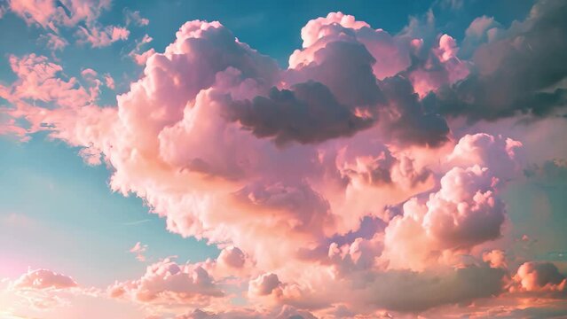 This stunning photo showcases a serene and captivating view of a pink and blue sky with the presence of fluffy clouds, A dreamy sunset with heart-shaped clouds for Valentine's Day