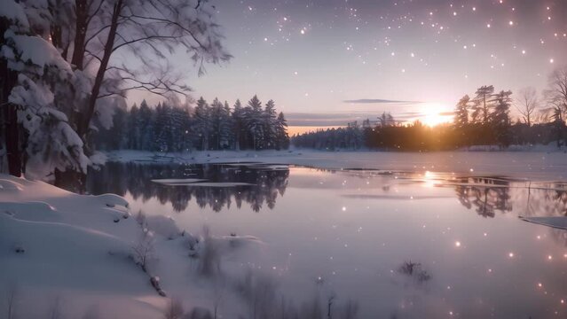 A tranquil and breathtaking night scene where a lake beautifully mirrors the shimmering stars above, A dreamy twilight landscape with twinkling starlight reflecting off the snow