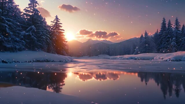 Snowy Landscape With Trees and River, A dreamy twilight landscape with twinkling starlight reflecting off the snow