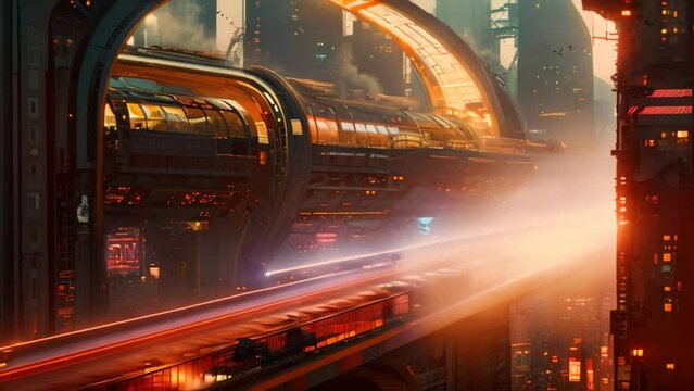 A train gracefully crosses a bridge, spanning a mesmerizing futuristic cityscape in this captivating photograph, A dystopian vision of a future without physical currency