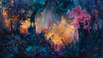 Surreal landscapes materialize as abstract watercolor forests bloom with the vibrant hues of celestial flora, weaving tapestries of otherworldly beauty in the heart of the cosmos. 
