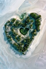 Aerial View of Heart-Shaped Oasis in the Desert, by Satellite or Drone, White Sand and Green Palms
