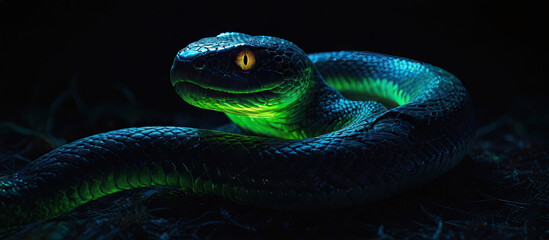 Fototapeta premium A green snake with neon glow and detailed scales on a dark background