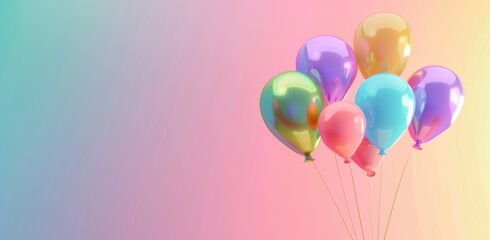 Color balloons on rainbow background. 3D render on multicolor gradient. Birthday celebration banner. 