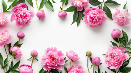 A frame of lush pink peonies, complete with their green leaves, arranged neatly on a white background. , natural light, soft shadows, with copy space, White background