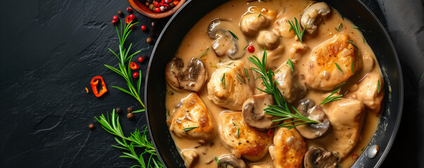 Chicken in creamy sauce with mushrooms in a frying pan, top view, generated ai