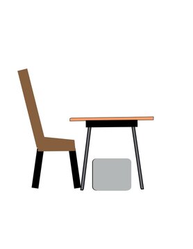 A wooden chair is sitting in front of a wooden table and grey stool
