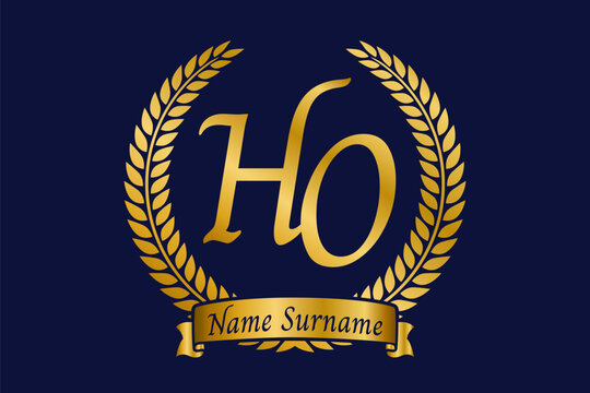 Initial letter H and O, HO monogram logo design with laurel wreath. Luxury golden calligraphy font.