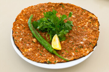 Turkish foods ; Turkish pizza acisiz Lahmacun. Urfa  bol acili lahmacun.