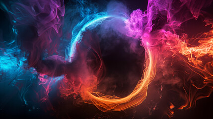 Abstract Smoke Art with Colorful Swirling Rings - Abstract art of colorful swirling smoke rings against a dark backdrop, portraying movement and fluidity with a mystical feel.