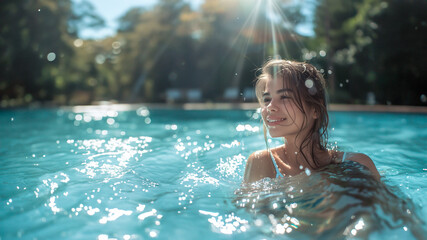 プールで泳ぐ水着を着た笑顔の女性