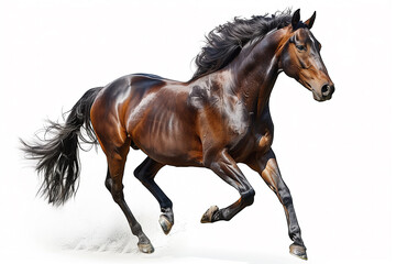 A brown horse is running on a white background. The horse has a long mane and tail, and its legs are spread wide apart. Concept of freedom and energy. Isolated on white background