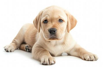 A small beige Labrador puppy lies on a white background. The puppy has a sad expression on his face. Isolated on a white background