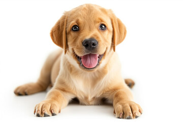 Cute little Labrador dog lies on a white background. The dog has a pink tongue sticking out and is smiling. Isolated on white background