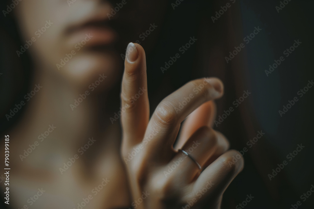 Wall mural hand, closeup and woman with point at you with choice, warning and invitation in dark house. girl, p - Wall murals