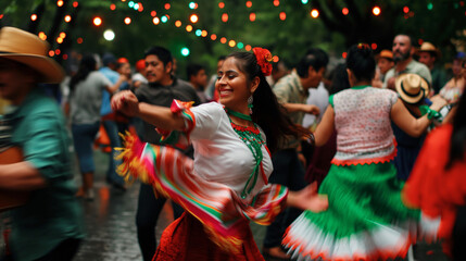 Young woman in vibrant attire dancing at Cinco de Mayo, motion blur highlighting her movement.