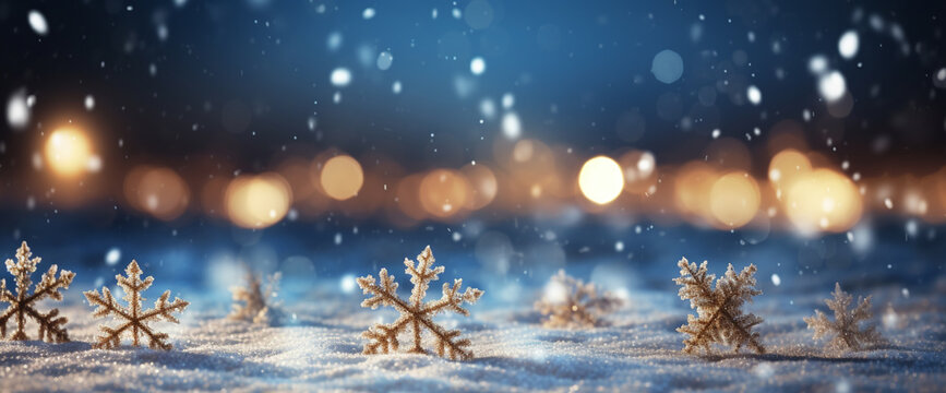 Snowflakes On Snow With Bokeh Of Christmas. AI-Generated Image