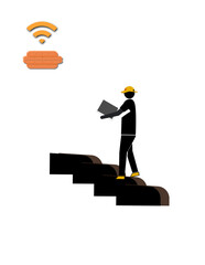 A man is carrying tablet up a flight of stairs walking towards a Wi-Fi