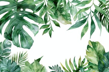 Watercolor branches and leaves of tropical plants. Natural green background with space for text. Watercolor leaves. - obrazy, fototapety, plakaty