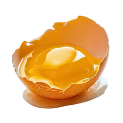 Broken egg with a gooey orange yolk on a white background