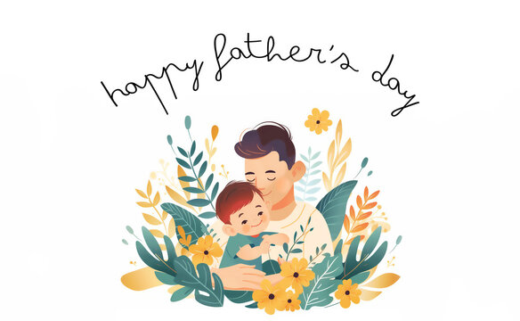 Father with cute toddler son. Happy Father's Day congratulations card. Greeting June holiday poster, banner for sale promotion, marketing, advertising, celebration gift illustration. Flat style.