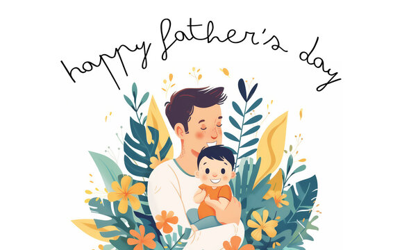 Father with cute toddler son. Happy Father's Day congratulations card. Greeting June holiday poster, banner for sale promotion, marketing, advertising, celebration gift illustration. Flat style.