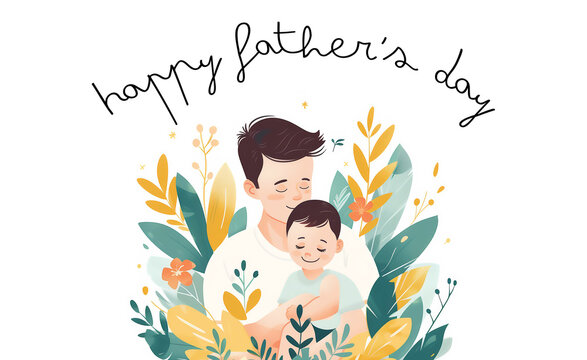 Father with cute toddler son. Happy Father's Day congratulations card. Greeting June holiday poster, banner for sale promotion, marketing, advertising, celebration gift illustration. Flat style.