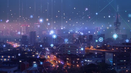 Fototapeta premium A futuristic cityscape with holographic 5G network symbols floating above skyscrapers showcasing hyper connectivity and advanced wireless technology
