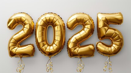 Happy New Year background with 2025 shiny golden numbers made of air balloons isolated on white background. Festive celebration banner