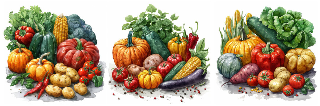 Hand drawn watercolor vegetables. Tasty organic vegetarian food, fresh watercolor veggies, watercolor pumpkin, cabbage, pepper, onion and zucchini hand drawn illustration set. Farm harvest