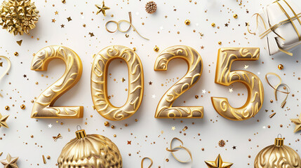 Happy New Year background with 2025 shiny golden numbers and confetti, glitter isolated on white background. Festive celebration banner