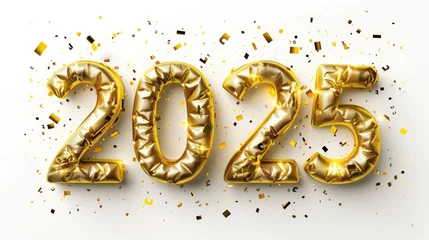 Foto auf Acrylglas Antireflex Happy New Year background with 2025 shiny golden numbers and confetti, glitter isolated on white background. Festive celebration banner © eireenz