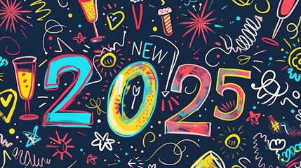 Happy New Year background with 2025 numbers and doodles fireworks on dark background. Festive celebration banner